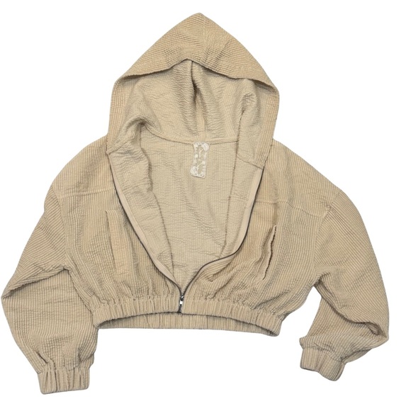 Sadie & Sage Cream Textured Chenille Cropped Zip Hoodie Jacket S Elastic Hem - Picture 3 of 8